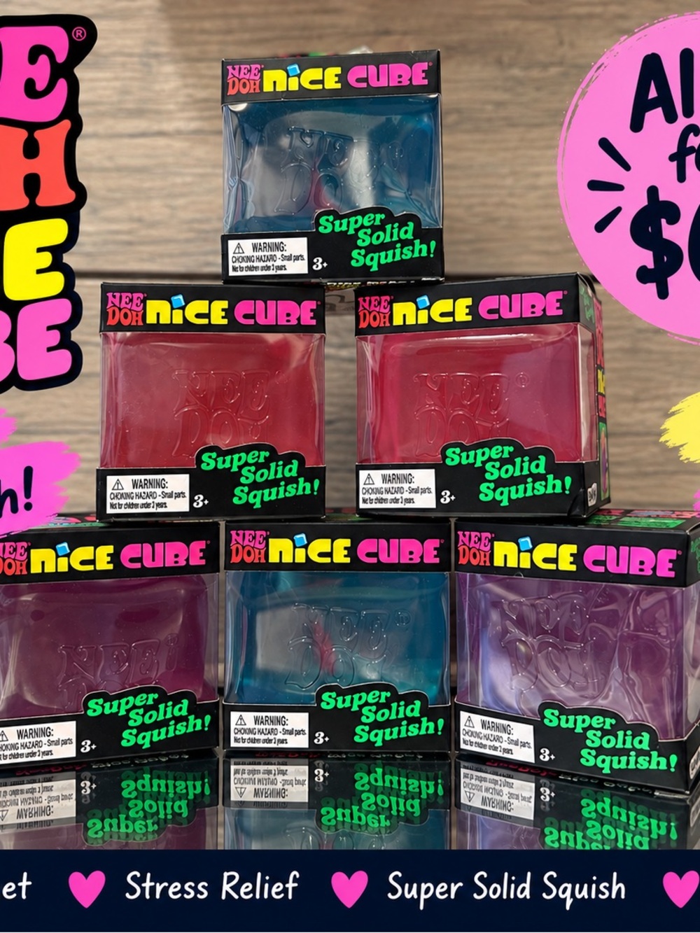 Nice Cube Super Solid Squish Stress Toy - Pink, Blue, Purple